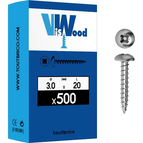 Vis à bois aggloméré tête cylindrique empreinte Pozidriv acier zingué blanc entièrement filetées 3x20 boîte 500 - VISWOOD