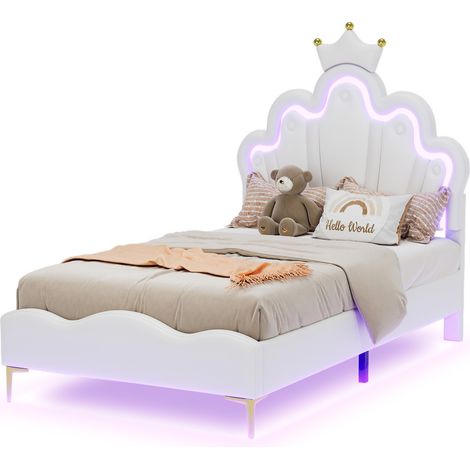 Lit 90x200 cm en PU blanc avec LEDs et tête de lit couronne, sommier à lattes inclus (1/5)
