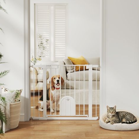 Barrière de sécurité pour animaux avec porte à fermeture automatique et système de double verrouillage, acier blanc (1/5)