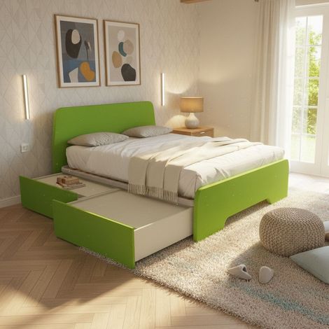 Letto matrimoniale 160x200 con testate sagomate e cassettoni - Verde mela (1/5)