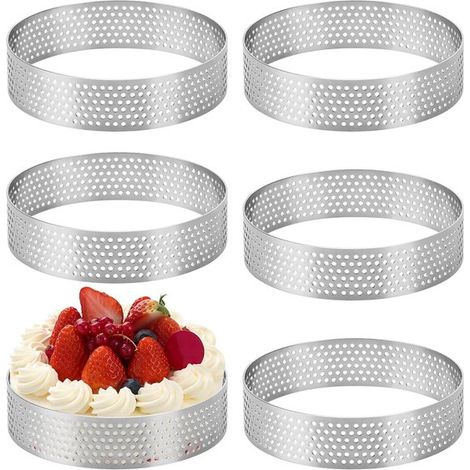 aros para repostería, aros perforados para pasteles de acero inoxidable 430, moldes para pasteles, mini pizzas, muffins, Ø10cm, 2 cm de alto (1/5)