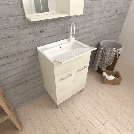 Kiamami Valentina – Meuble buanderie avec lavoir 60cm – 2 portes en chêne blanc – Lavabo en polypropylène avec trou pour trop-plein – Planche à laver amovible (1/5)