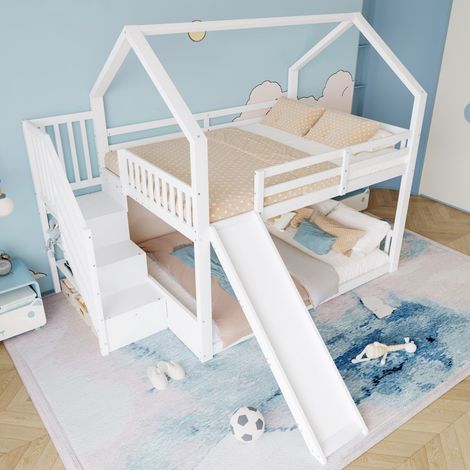 Lit superposé 140x200 avec toboggan et escalier rangement. Barrière sécurité. Lit maison. Enfant/Ado. Blanc (sans matelas) (1/5)