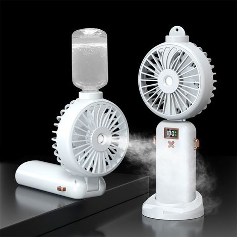 Mini diffusore di aromi con ventilatore e display USB portatile, emette una fresca nebbiolina bianca, include cavo di alimentazione e serbatoio dell'acqua.
