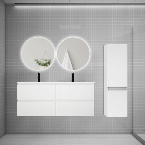 Ensemble meuble de salle de bain et lavabo blanc (L.120cm) 4 tiroirs + meuble haut + lavabo + miroir rond LED2