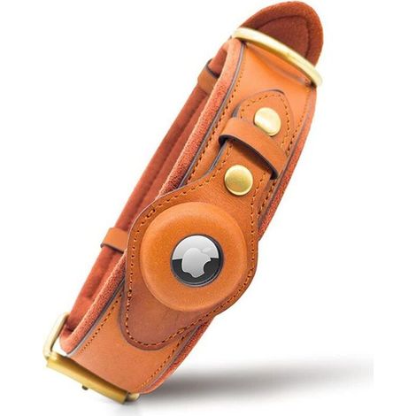 Collier pour chien en cuir avec emplacement pour AirTags intégré, pour races de grande à très grande taille, réglable, marron