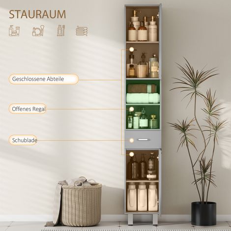 Meuble de salle de bain gris réglable avec étagères et tiroir, commode de rangement design pour salle de bain (1/4)