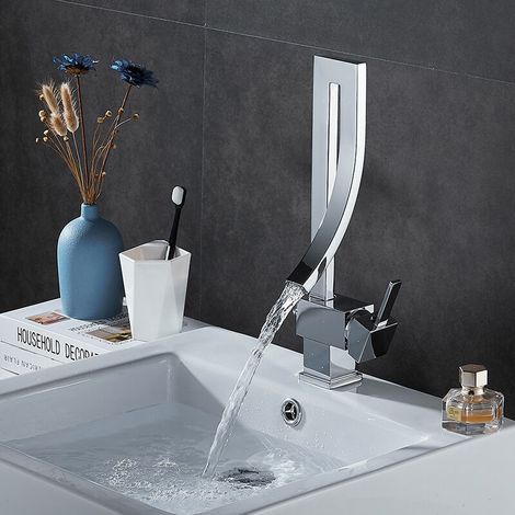 Robinet de lavabo en laiton, robinet de lavabo moderne, robinet simple pour lavabo, chaises de bain eau chaude et eau froide, robinet cascade Ré Nousfflite, équipement de cuisine (argenté) (1/5)