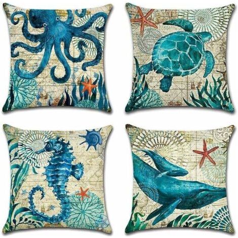 Lot de 4 housses de coussin d'extérieur imperméables à motif marin bleu, pour canapé, terrasse, jardin, salon, chambre, 45 x 45 cm.