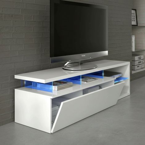 Dmora Mueble TV para salón con puerta abatible y baldas de cristal con luz led azul, color blanco, 150 x 43 x 41 cm., con embalaje reforzado (1/5)