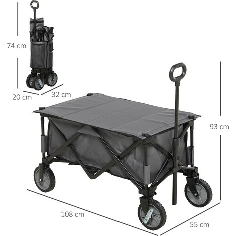 Chariot pliant, capacité de charge jusqu'à 120 kg, avec poignée réglable, poches latérales et plateau rabattable, chariot de jardin, gris foncé (1/5)