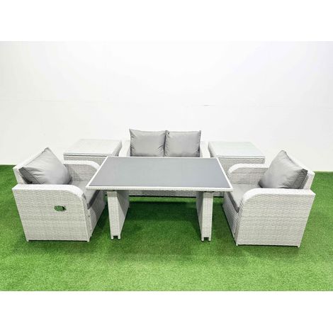 Fimous Outdoor Rattan Garden Furniture Dining Set 4-seater Patio Rectangular Table Love Sofa Reclining Chair Set with 2 Side Tables (1/4)