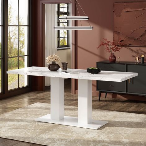 Table à manger extensible 140/180x70x75 cm pour 6-8 personnes plateau 30 mm pieds doubles style simple cuisine salon blanc pratique