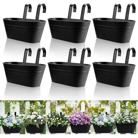 Set of 6 Metal Hanging Planters, 27.5 cm Balcony Flower Pots for Balcony Fence Garden - Black (1/5)