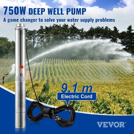 Pompe Immergée pour Puits Profond, 750 W, Pompe à Eau en Acier Inoxydable, Débit 7,1 m³/h, 75 m, avec Cordon Électrique 9,1 m, Pompe Étanche IP68 pour Usage Domestique, Irrigation Industrielle (1/5)