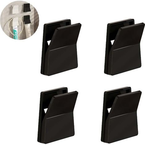 Lot 4 clips multifonction salle de bain, support rangement fixation murale pour gel nettoyant, dentifrice, serviettes, muraux pratique, noir (1/5)