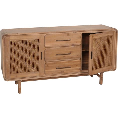 Sideboard HHG-014, Schrank Kommode Highboard, Staufächer Schublade, Rattan Akazie Massiv-Holz gebeizt 83x160x45cm 47kg