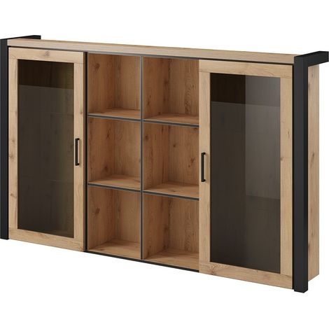 Vitrine avec éclairage LED collection TIVORA. 2 portes et 6 niches centrales. Couleur chêne et noir.
