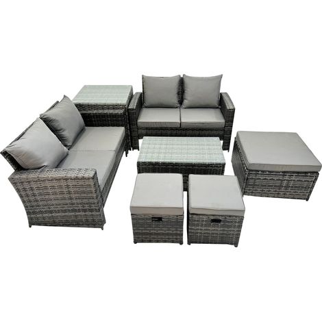 Fimous PE Rattan Garden Furniture Set Lounge Double Seat Sofa Coffee Table Set with Side Table 3 Stools Dark Grey MixedMixed (1/5)