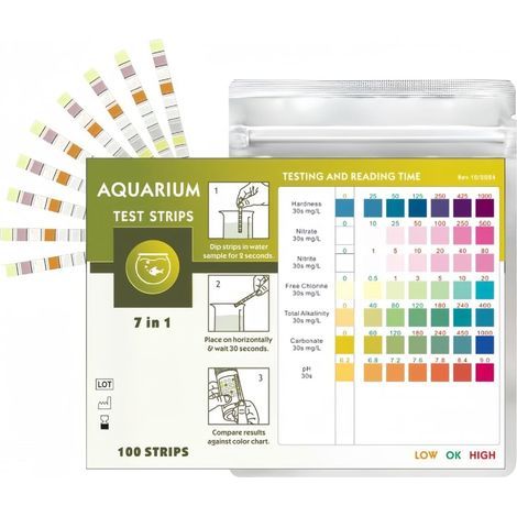 Bandelettes de Test Aquarium 7 en 1 – 50 Pièces Analyse Rapide de l’Eau pH, Nitrate, Nitrite, Chlore, Dureté Totale, Dureté Carbonatée, Alcalinité – Kit Test Aquarium, Bassin, Étang, Tortue (1/4)