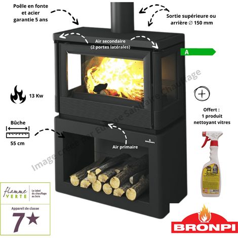 Bronpi – Poêle à bois double combustion 10 kW – Pour volume jusqu’à 300 m³ – Bûches jusqu’à 55 cm – Système vitre propre – Ventilation régulée (1/5)