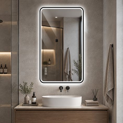 Espejo de baño LED 60x100 cm, antivaho, 3 colores, regulable, negro DESVIAE (1/5)