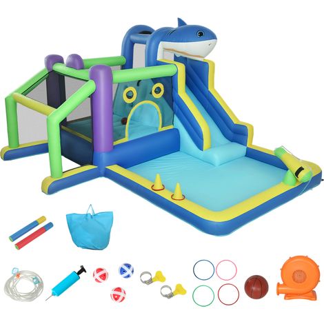 Gonfiabile Tema Squali per Bambini 405x345x235 cm con Scivolo Piscina Acqua-Palline in Tessuto Oxford 840D+420D Multicolore (1/5)