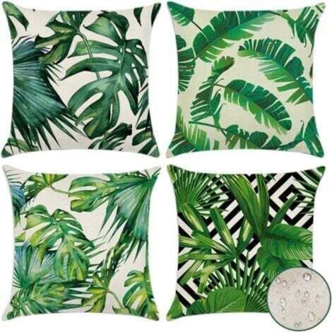 Lot de 4 (45 x 45 cm – Plantes tropicales 01) Housses de coussin d'extérieur imperméables à motif de plantes tropicales vertes pour canapé, terrasse, jardin, salon, chambre à coucher, décoration (1/5)