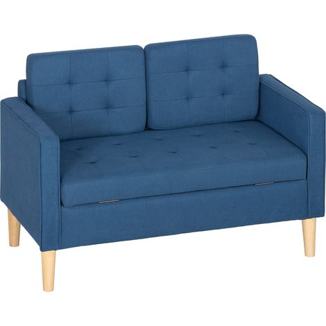 Zweisitzer-Sofa mit Stauraum, Knopfheftung, Kissen, Gummibaumholz, 117 x 62 x 78 cm, blau