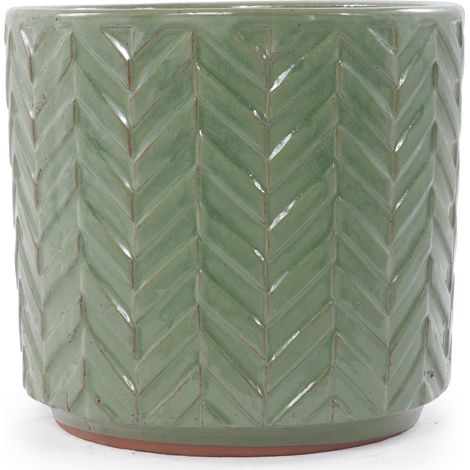 Keramik-Blumentopf Ø24,5 cm salbeigrün glänzend, Chevron-Relief, Drainageloch OKMYHOME (1/5)