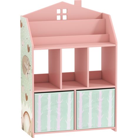 Scaffale Portagiochi per Bambini 62,5x30x91,5 cm con 2 Contenitori Rimovibili in Tessuto e Ripiani in Legno FSC Rosa (1/5)