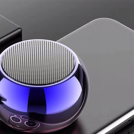 Enceinte Bluetooth sans fil multifonctionnelle avec caisson de basses en métal, portable et idéale pour les voyages et la maison (bleue). (1/5)