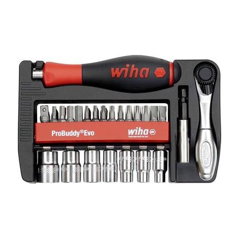 Wiha ProBuddy Evo 46960 - Juego de 40 puntas y llaves de vaso (1/4", mango de destornillador SoftFinish, mini carraca de 72 dientes, soporte magnético de punta, juego de herramientas compacto para