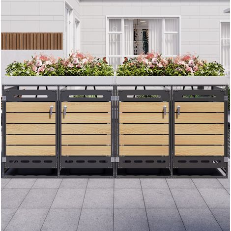 Cache-poubelles 4 compartiments noir en fer avec bac à plantes intégré, ventilation et portes verrouillables (1/5)