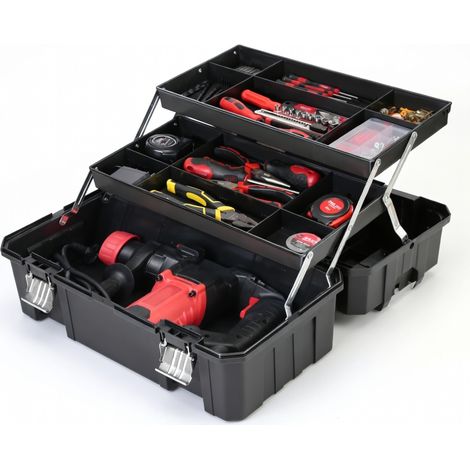 Caja de herramientas de alta gama negra triple capa reforzada 17 pulgadas