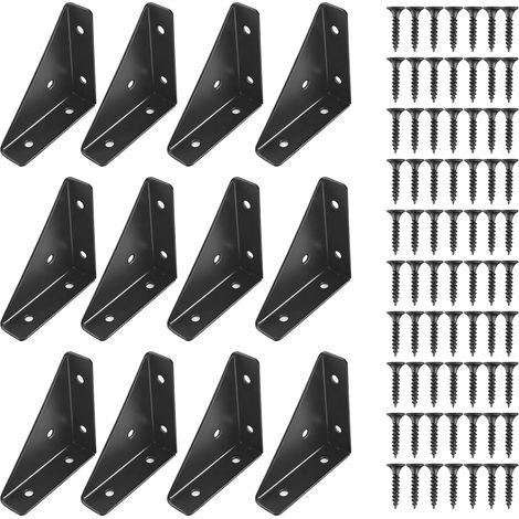 Lot de 12 équerres métal noir 90° avec vis pour meubles, tables et armoires. (1/5)