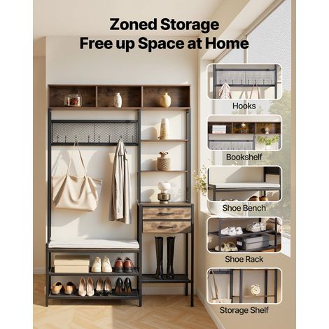 Meuble d'Entrée 180 cm, Porte Manteaux avec Banc à Chaussures et 2 Tiroirs, pour Couloir Chambre Dressing, Vestiaire d'Entrée Autop… (1/5)