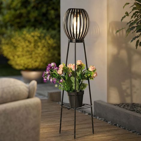 Lampadaire solaire de jardin trépied avec pot, boule ajourée LED, étagère porte-plante, fer forgé noir 80cm (1/4)