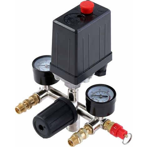 Pressostato per compressore d'aria G1/4" con doppia uscita e regolatore di manometro con valvola di sicurezza