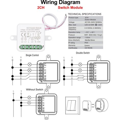 Module relais intelligent Zigbee 2 canaux avec interrupteur bidirectionnel pour la domotique, compatible avec Alexa Home. (1/2)