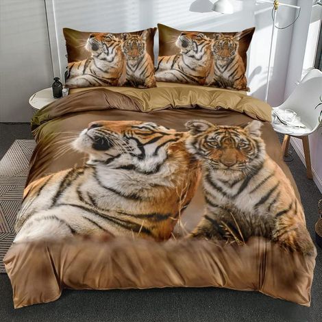 3D Bettwäsche 200x200 cm Braun Gelb Tiger Tiermotiv Mikrofaser mit Reißverschluss