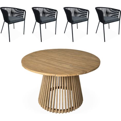 sweeek - Runder Holztisch für In- und Outdoor + 4 Sessel aus Stahl mit Bespannung (1/5)