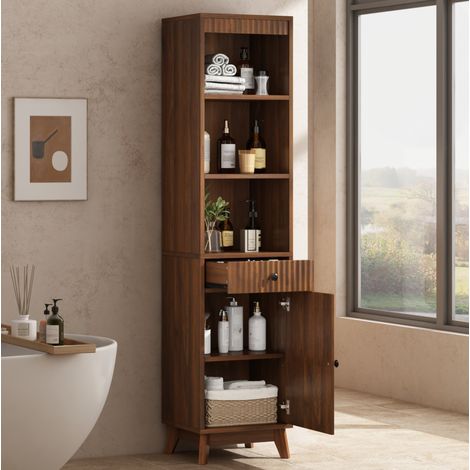 Colonne de salle de bain 40x36x172 cm en MDF noyer, avec rangement, FloraGrace (1/5)