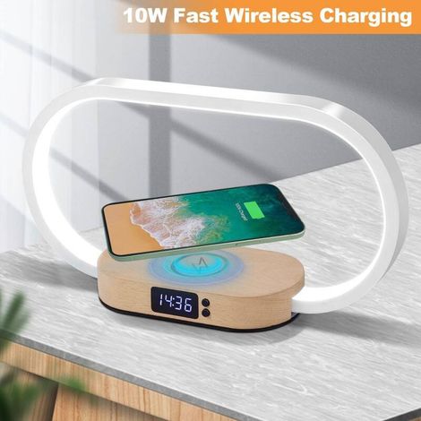 FLITI 4-in-1 Bedside Lamp with 15W Wireless Charger & USB Port, Built-in Clock, Touch Dimmable, Wooden Base, 3 Lighting Modes, White (1/5)
