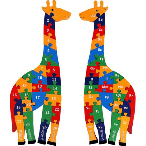Puzzle en bois Girafe avec blocs alphabet et chiffres, 41 cm, grand format, 2 en 1 : puzzle ABC et chiffres, jeu éducatif pour enfants de 3 ans. (1/5)