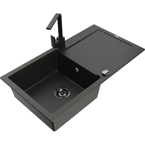 Mexen Leo lavello in granito a 1 vasca con scolapiatti e miscelatore cucina Rita, nero/oro metallizzato - 6501-75-670300-70-B (1/5)
