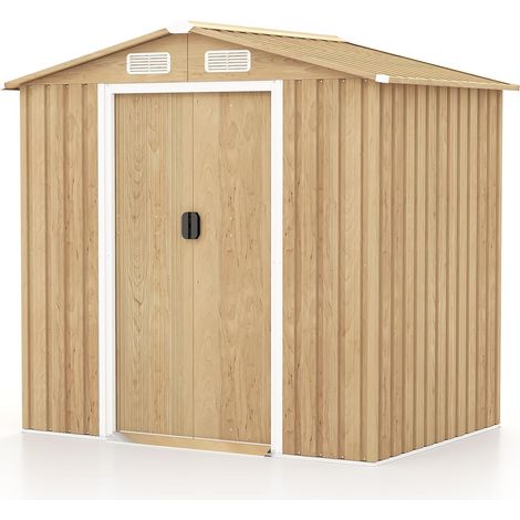COSTWAY Gerätehaus Metall, Geräteschuppen abschließbar, Gartenhaus mit 4 Luftschlitzen & Schiebetür & Rampe, Garten Schuppen Outdoor, Metallschuppen Geräteschuppen, Natur (196 x 129 x 186 cm) (1/5)