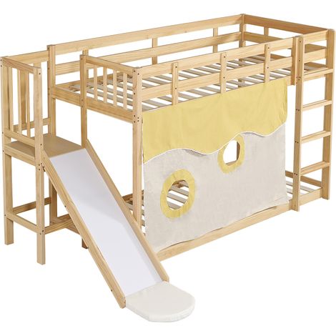 Lit superposé en bois naturel 90x200 cm avec escalier, toboggan et rideaux, MDF + pin (1/5)