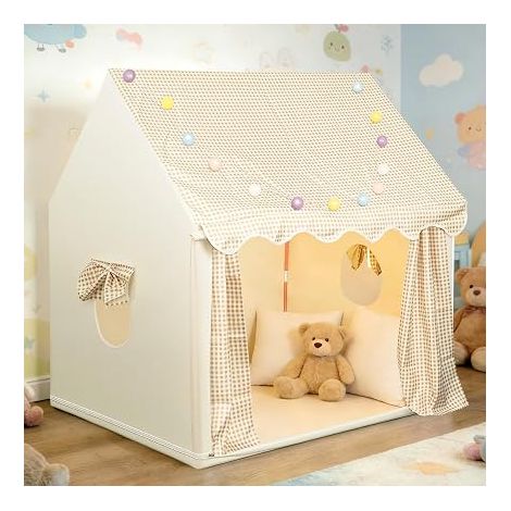 Tenda da gioco per interni beige a quadri 120x100x130 cm, ghirlanda luminosa LED, casetta per interni con finestra, struttura metallica per bambini (1/4)
