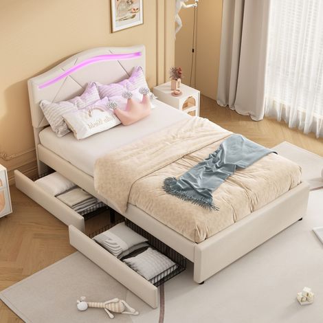 Lit 90x200cm - Lit Simple 90x200cm – Éclairage LED Intelligent – 2 Tiroirs de Rangement – Tête de Lit Ajustable – Lin Beige (1/5)